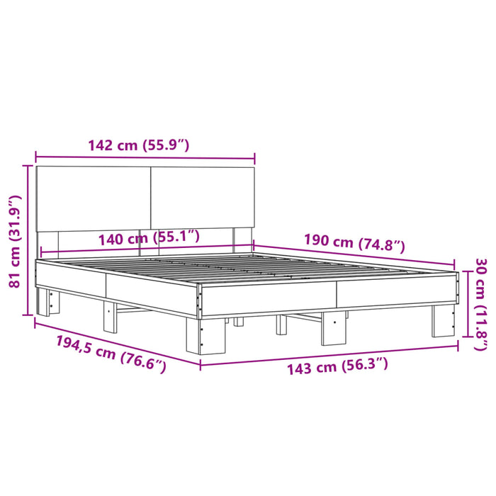 Cadru de pat, gri sonoma, 140x190 cm, lemn prelucrat și metal WALTI