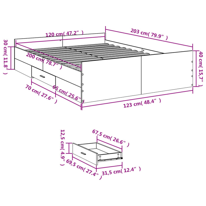 Cadru de pat cu sertare stejar sonoma 120x200 cm lemn prelucrat WALTI