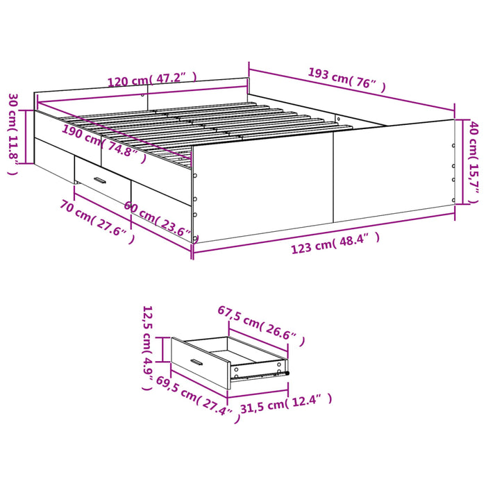 Cadru de pat cu sertare stejar sonoma 120x190 cm lemn prelucrat WALTI
