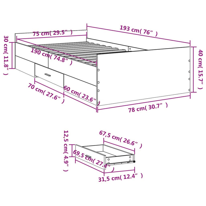 Cadru de pat cu sertare, gri beton, 75x190 cm, lemn prelucrat - WALTI WALTI