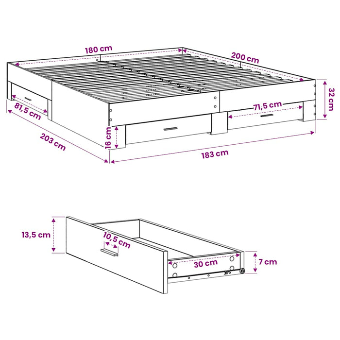 Cadru de pat cu sertare, alb, 180x200 cm, lemn prelucrat WALTI