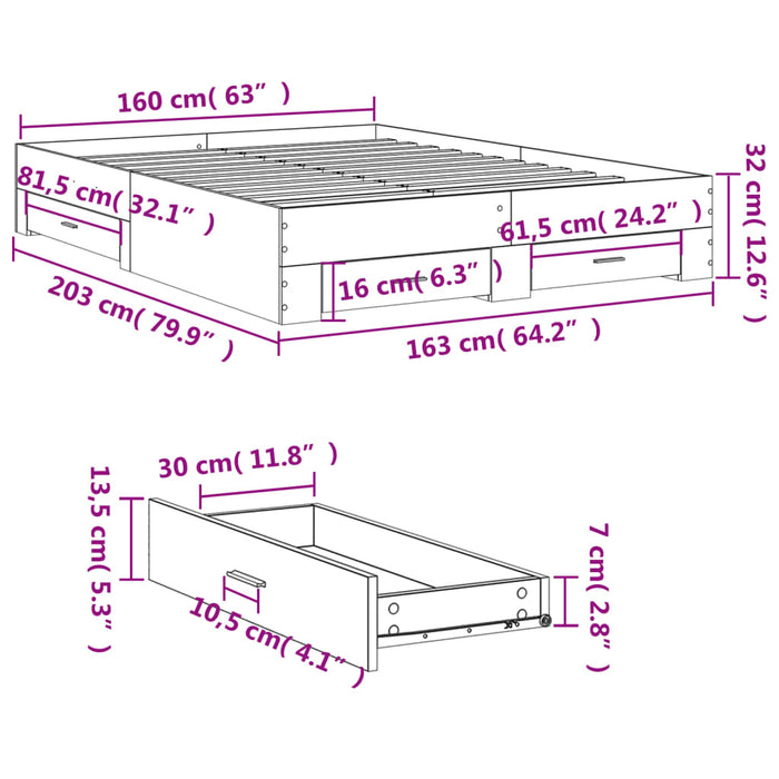 Cadru de pat cu sertare stejar sonoma 160x200 cm lemn prelucrat WALTI