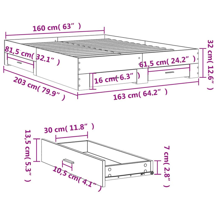 Cadru de pat cu sertare stejar fumuriu 160x200cm lemn prelucrat - WALTI WALTI
