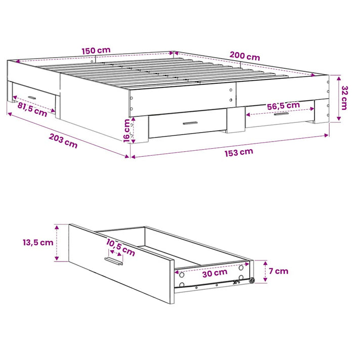 Cadru de pat cu sertare, gri beton, 150x200 cm, lemn prelucrat - WALTI WALTI