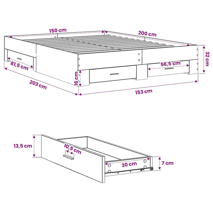 Cadru de pat cu sertare gri sonoma 150x200 cm lemn prelucrat - WALTI WALTI