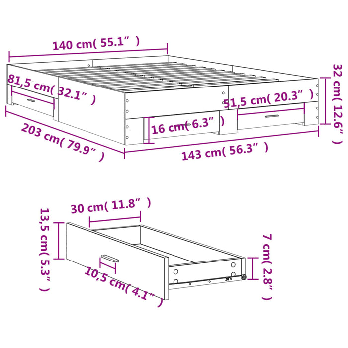 Cadru pat cu sertare alb extralucios 140x200 cm, lemn prelucrat WALTI