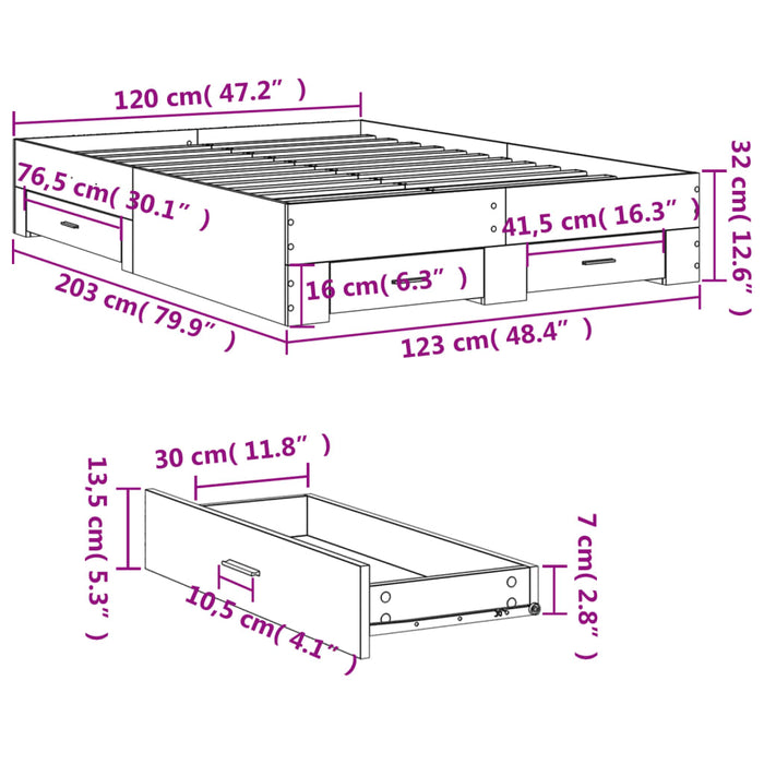 Cadru de pat cu sertare gri sonoma 120x200 cm lemn prelucrat WALTI