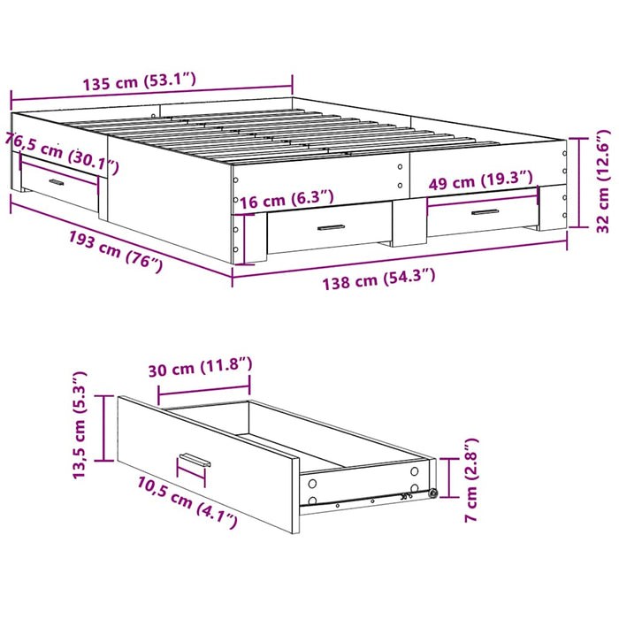 Cadru de pat cu sertare, gri beton, 135x190 cm, lemn prelucrat - WALTI WALTI