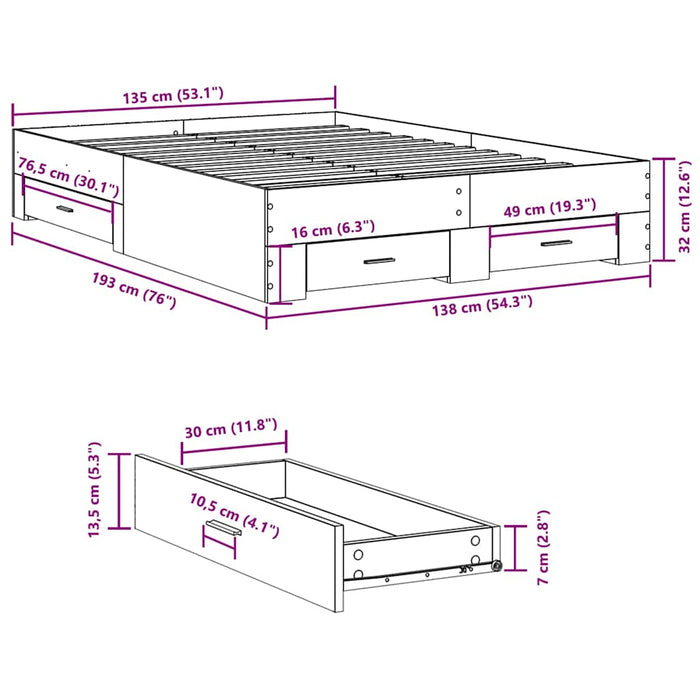 Cadru pat cu sertare stejar fumuriu 135x190 cm lemn prelucrat - WALTI WALTI