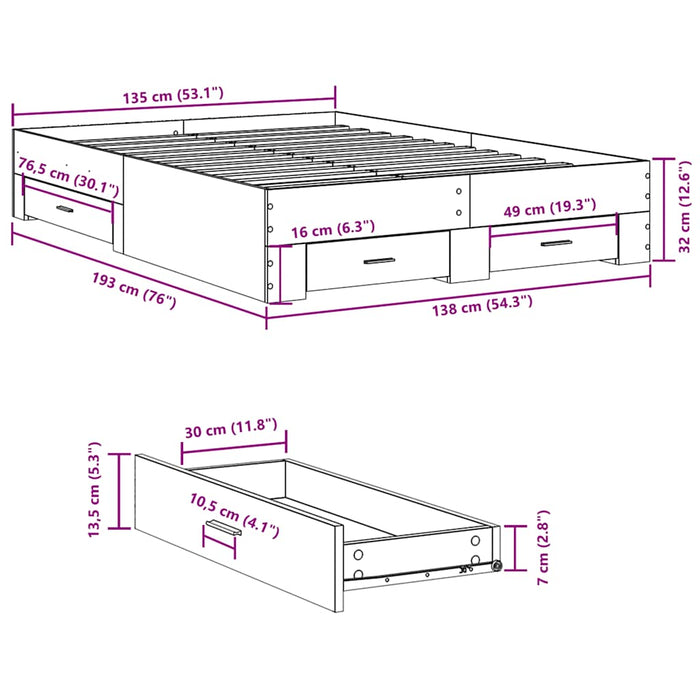 Cadru de pat cu sertare, gri sonoma, 135x190 cm, lemn prelucrat - WALTI WALTI
