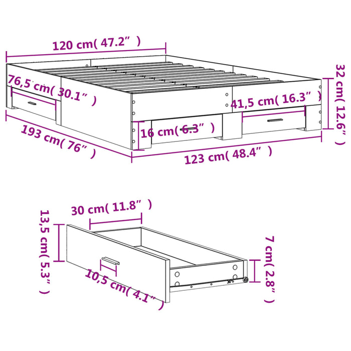 Cadru de pat cu sertare, gri beton, 120x190 cm, lemn prelucrat WALTI
