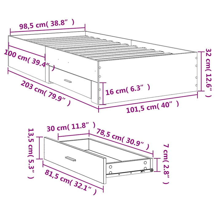 Cadru de pat cu sertare, alb, 100x200 cm, lemn prelucrat WALTI