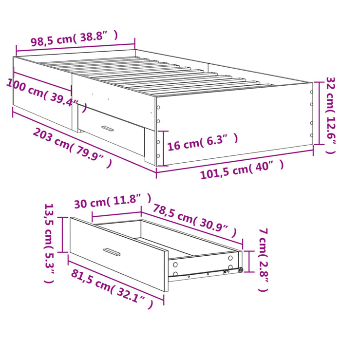 Cadru de pat cu sertare, gri beton, 100x200 cm, lemn prelucrat WALTI