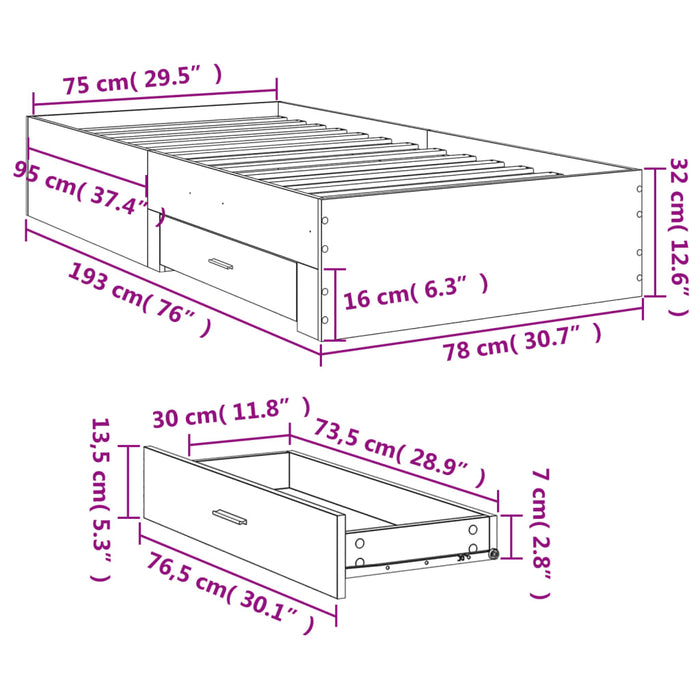 Cadru de pat cu sertare stejar sonoma 75x190 cm lemn prelucrat - WALTI WALTI