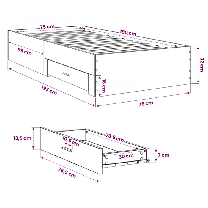 Cadru de pat cu sertare stejar maro 75x190 cm lemn prelucrat - WALTI WALTI