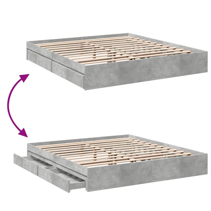 Cadru de pat cu sertare gri beton 200x200 cm lemn prelucrat - WALTI WALTI