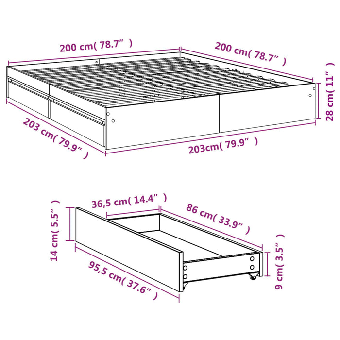Cadru de pat cu sertare stejar fumuriu 200x200cm lemn prelucrat WALTI
