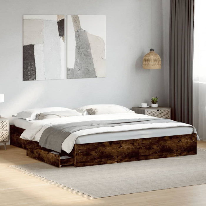 Cadru de pat cu sertare stejar fumuriu 200x200cm lemn prelucrat WALTI