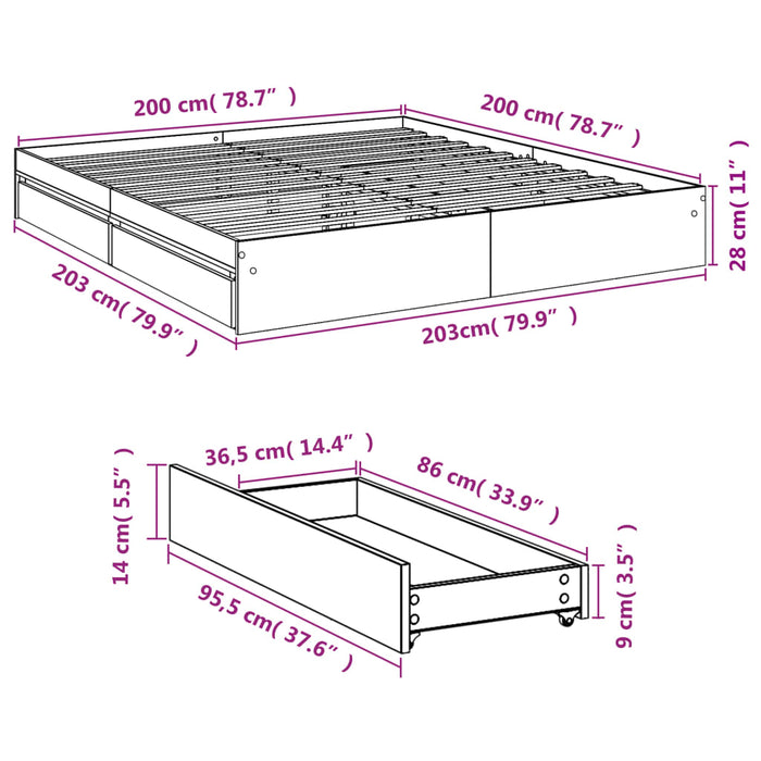 Cadru de pat cu sertare gri sonoma 200x200 cm lemn prelucrat - WALTI WALTI