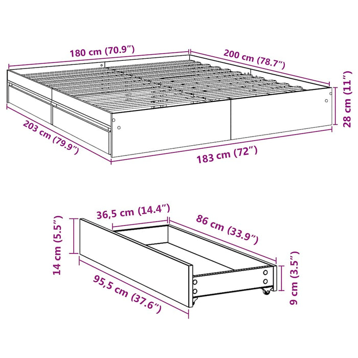 Cadru de pat cu sertare stejar sonoma 180x200 cm lemn prelucrat WALTI