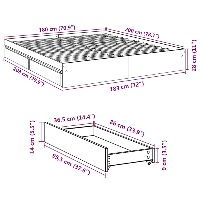 Cadru de pat cu sertare stejar fumuriu 180x200cm lemn prelucrat WALTI