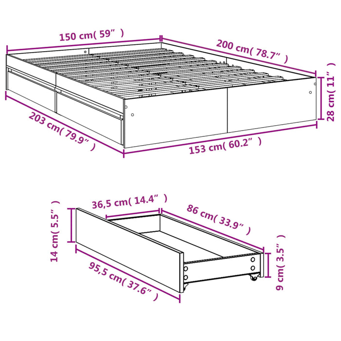 Cadru de pat cu sertare, gri beton, 150x200 cm, lemn prelucrat - WALTI WALTI