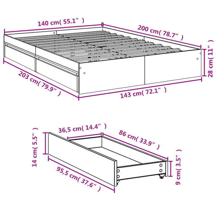Cadru pat cu sertare alb extralucios 140x200 cm, lemn prelucrat WALTI