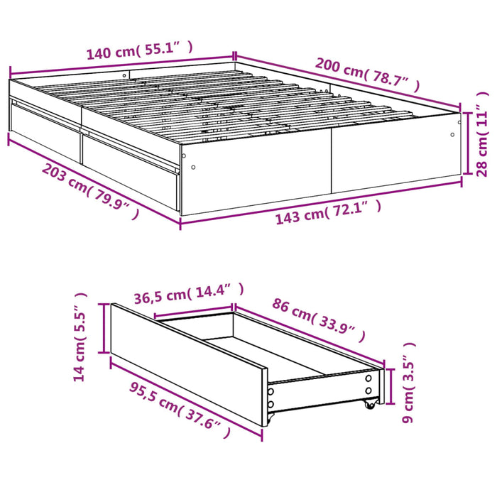 Cadru de pat cu sertare stejar sonoma 140x200 cm lemn prelucrat WALTI