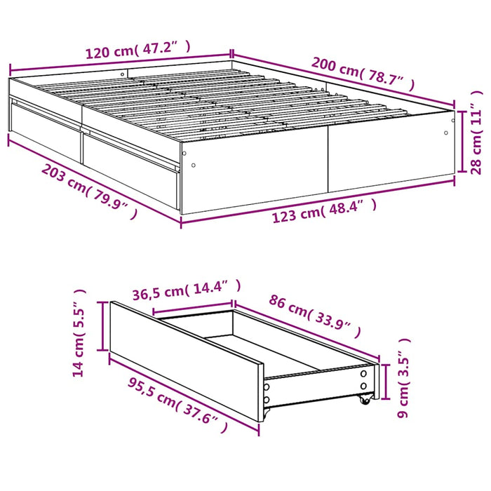 Cadru de pat cu sertare, alb, 120x200 cm, lemn prelucrat - WALTI WALTI