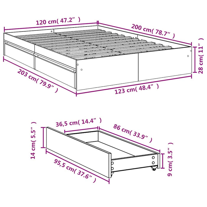 Cadru de pat cu sertare stejar sonoma 120x200 cm lemn prelucrat WALTI