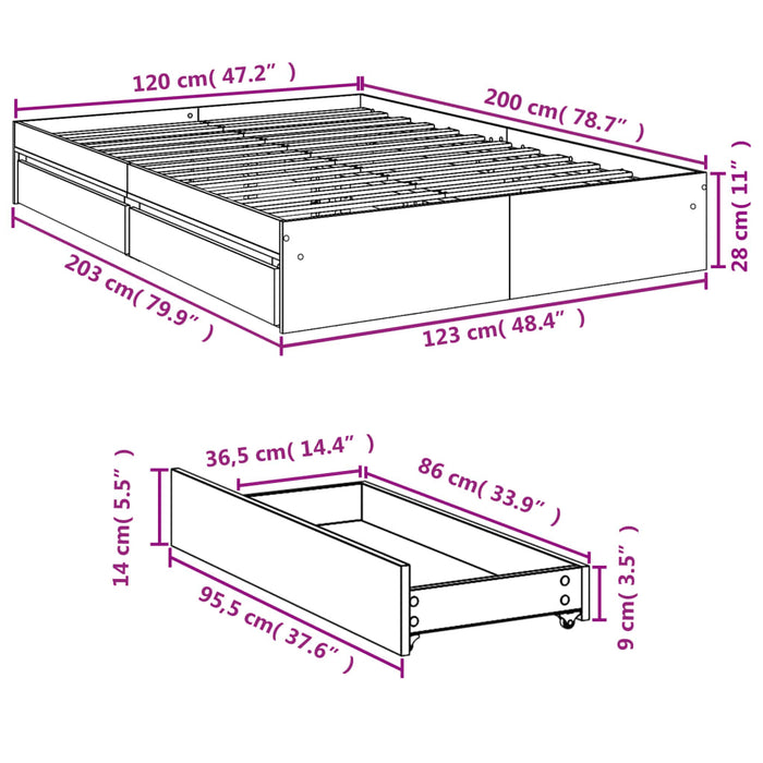 Cadru pat cu sertare stejar fumuriu 120x200 cm lemn prelucrat - WALTI WALTI