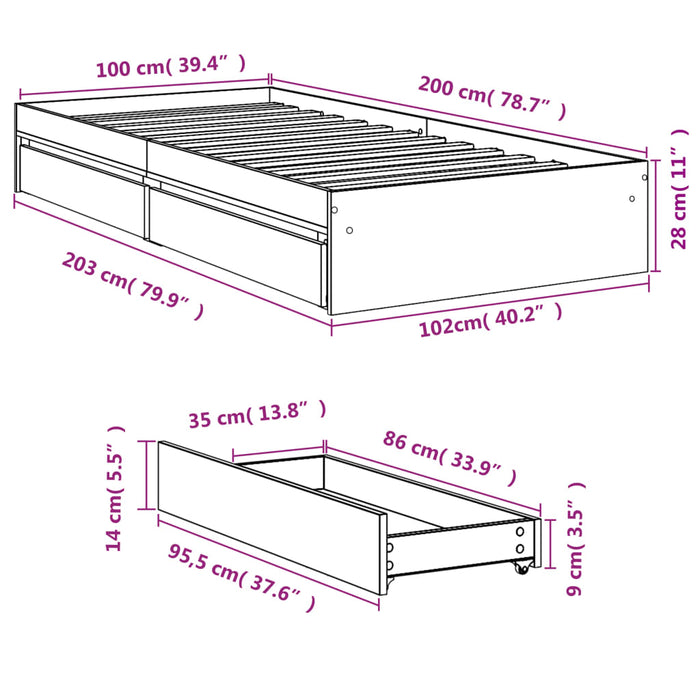 Cadru de pat cu sertare stejar sonoma 100x200 cm lemn prelucrat WALTI