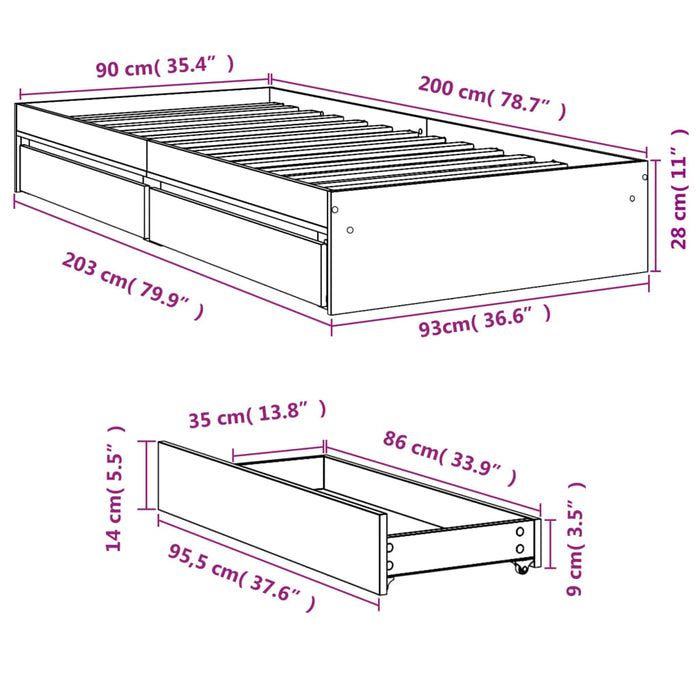 Cadru de pat cu sertare gri sonoma 90x200 cm lemn prelucrat - WALTI WALTI