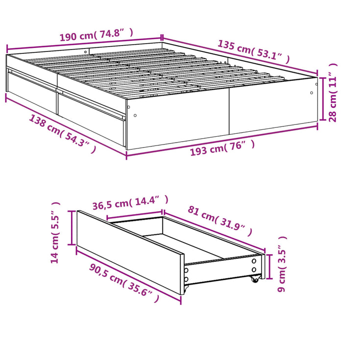 Cadru de pat cu sertare stejar sonoma 135x190 cm lemn prelucrat WALTI
