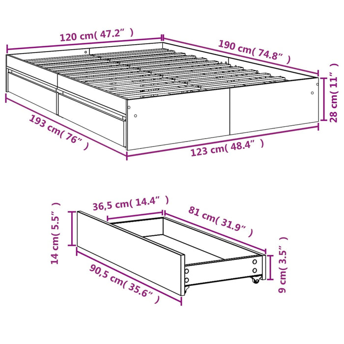Cadru de pat cu sertare, alb, 120x190 cm, lemn prelucrat WALTI