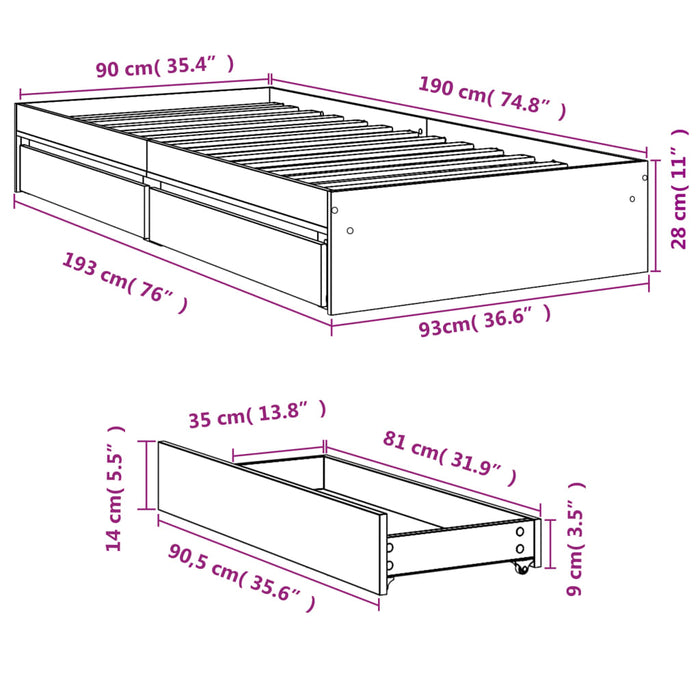 Cadru de pat cu sertare, negru, 90x190 cm, lemn prelucrat WALTI