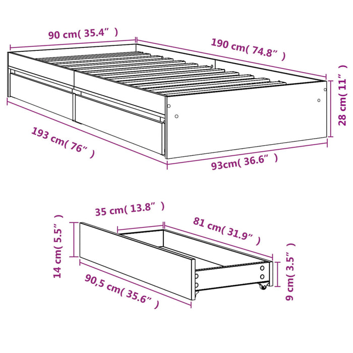 Cadru de pat cu sertare, gri beton, 90x190 cm, lemn prelucrat WALTI