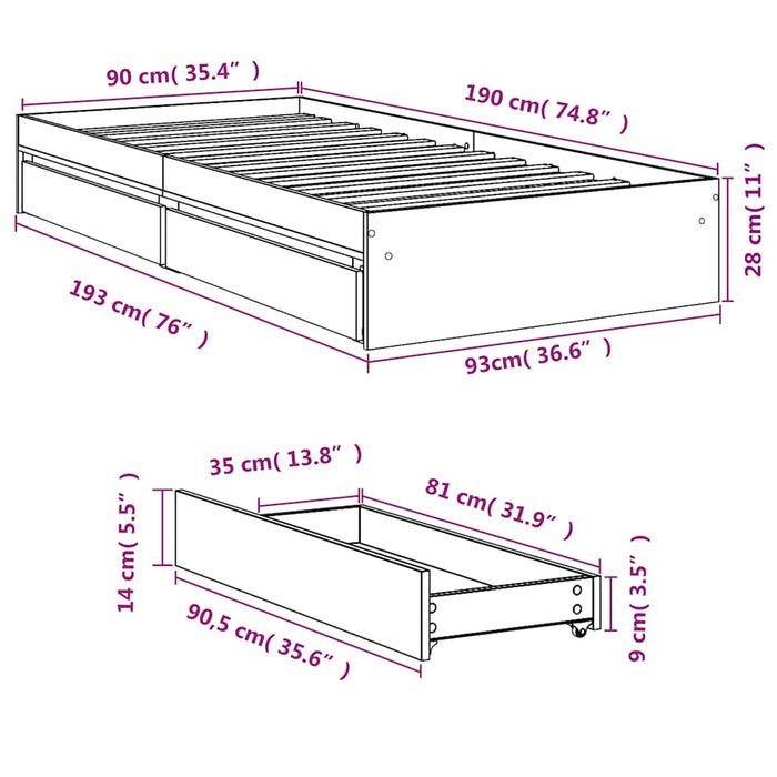 Cadru de pat cu sertare stejar fumuriu 90x190 cm lemn prelucrat - WALTI WALTI