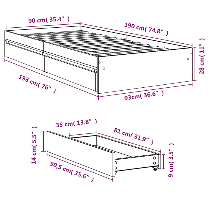 Cadru de pat cu sertare gri sonoma 90x190 cm lemn prelucrat - WALTI WALTI