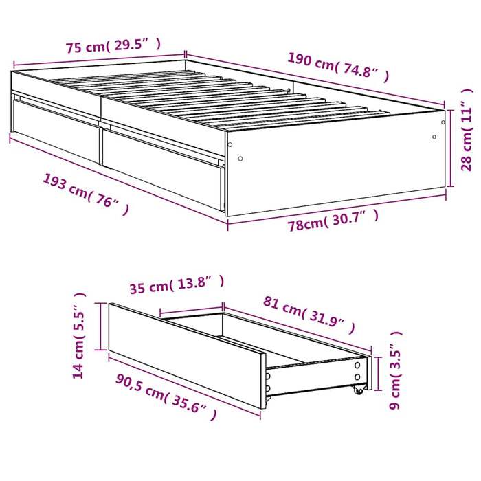 Cadru de pat cu sertare, negru, 75x190 cm, lemn prelucrat - WALTI WALTI