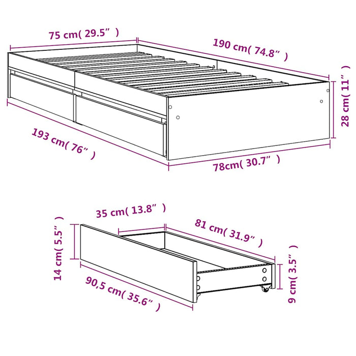 Cadru de pat cu sertare stejar sonoma 75x190 cm lemn prelucrat - WALTI WALTI