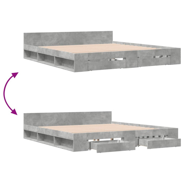 Cadru de pat cu sertare gri beton 200x200 cm lemn prelucrat - WALTI WALTI