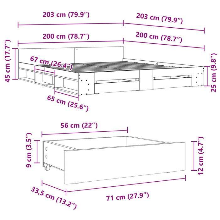 Cadru de pat cu sertare gri sonoma 200x200 cm lemn prelucrat WALTI