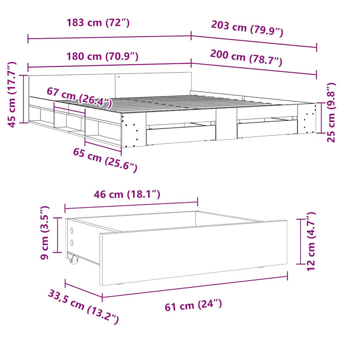 Cadru de pat cu sertare, gri beton, 180x200 cm, lemn prelucrat - WALTI WALTI