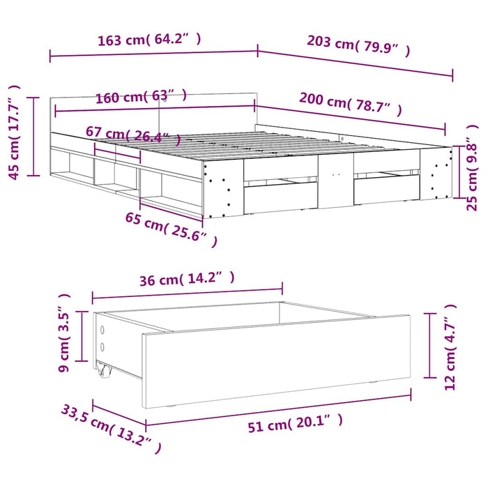 Cadru de pat cu sertare, gri beton, 160x200 cm, lemn prelucrat - WALTI WALTI
