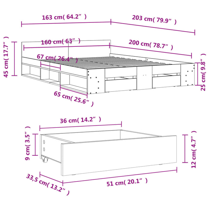 Cadru de pat cu sertare stejar fumuriu 160x200cm lemn prelucrat - WALTI WALTI