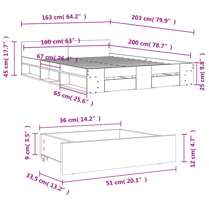 Cadru de pat cu sertare, stejar maro, 160x200 cm lemn prelucrat WALTI