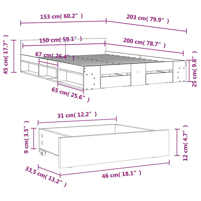Cadru de pat cu sertare, gri beton, 150x200 cm, lemn prelucrat - WALTI WALTI