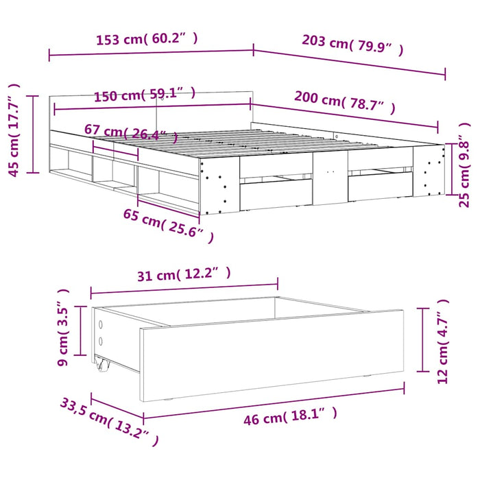 Cadru de pat cu sertare gri sonoma 150x200 cm lemn prelucrat WALTI