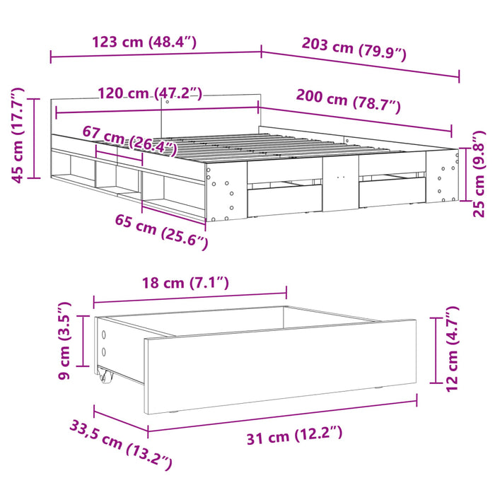 Cadru pat cu sertare stejar fumuriu 120x200 cm lemn prelucrat WALTI